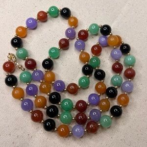 14 K yellow gold multi color Jadeite Jade long necklace